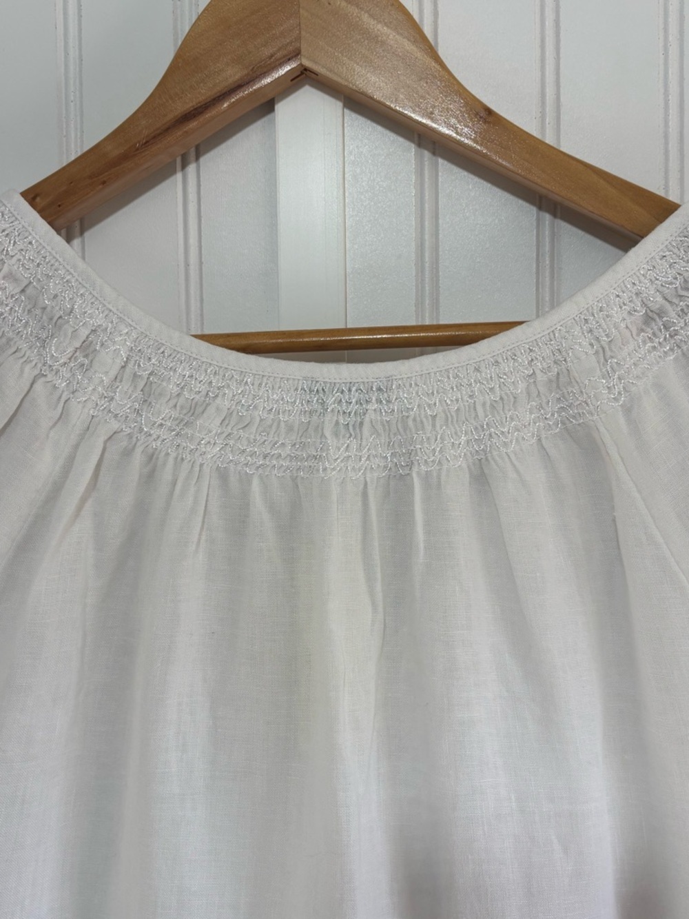 Talbots Linen Border Stripe Top Red White & Blue Smocked Neck Short Sleeve 2X - Picture 8 of 13